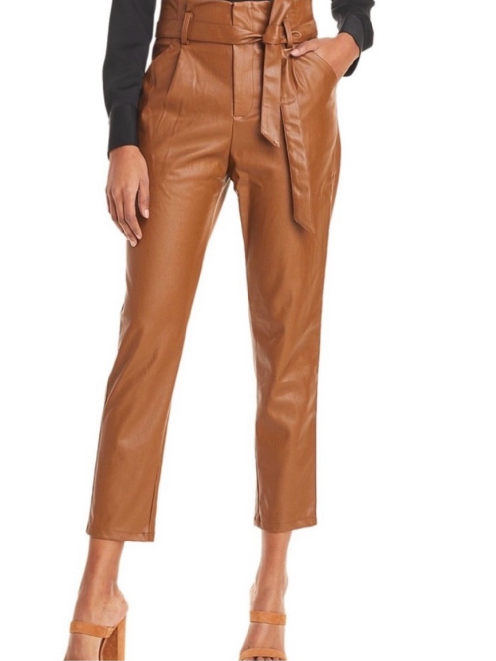 Lucy Paris Cognac Faux Leather Paperbag Waist Ankle Pants